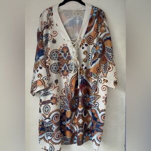 ECHOINE  Interesting Blues Golds Browns Abrstract Print Blouse/Coverup Size 5XL